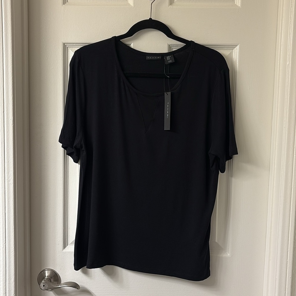 Tahari Short Sleeve Top with sheer v panel neckline